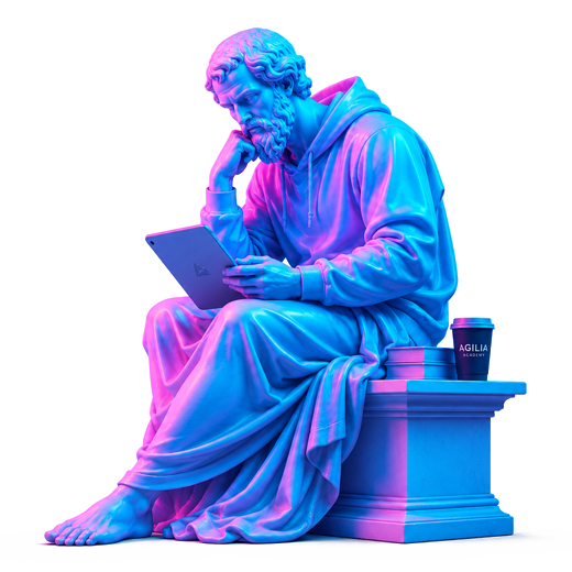 Estatua de filósofo clásico con laptop y taza Agilia Academy